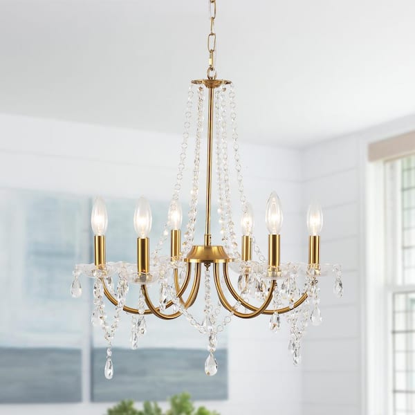 ZJVAIVE 6-Light Brass Classic Candlestick Crystal Hanging Linear Chandelier Lighting for Dining Room Kitchen Island