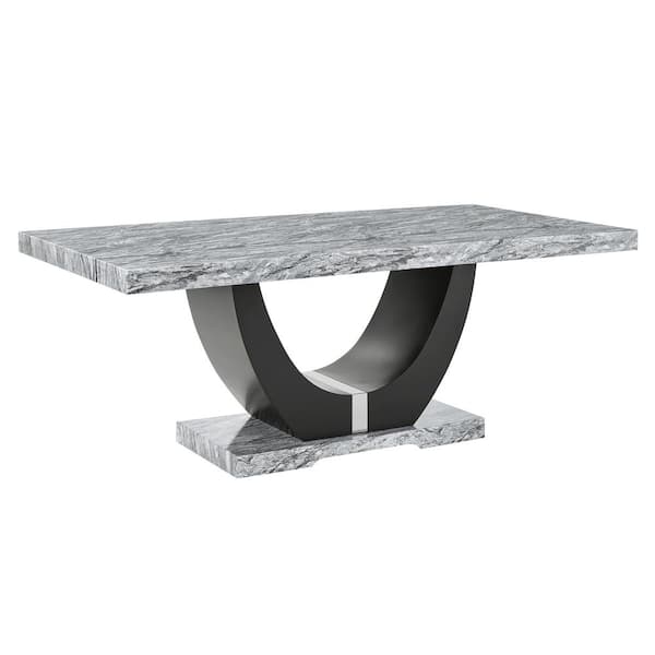 New Classic Furniture Lyra Black/Gray Faux Marble Top Pedestal Base Dining Table (Seats 6)