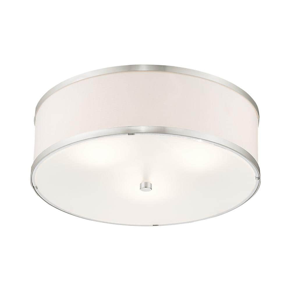 Brushed Nickel 3-Light Drum Ceiling Mount with White Hardback Shade