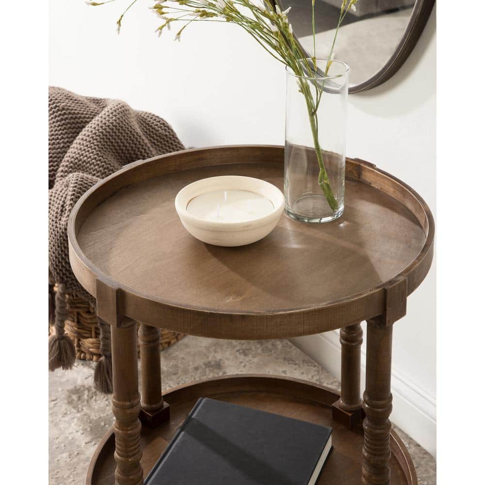 Colonial Rustic Brown Wooden Round Dual-Tier End Table