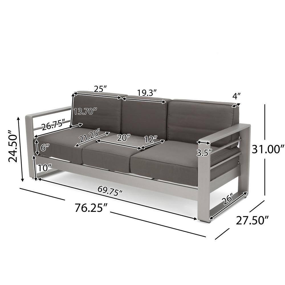 Silver Aluminum Three-Seater Outdoor Sofa with Gray Cushions