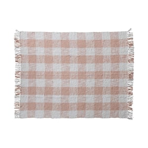 Blush and Cream Plaid Hand-Woven Fabric Throw Blanket with Fringe