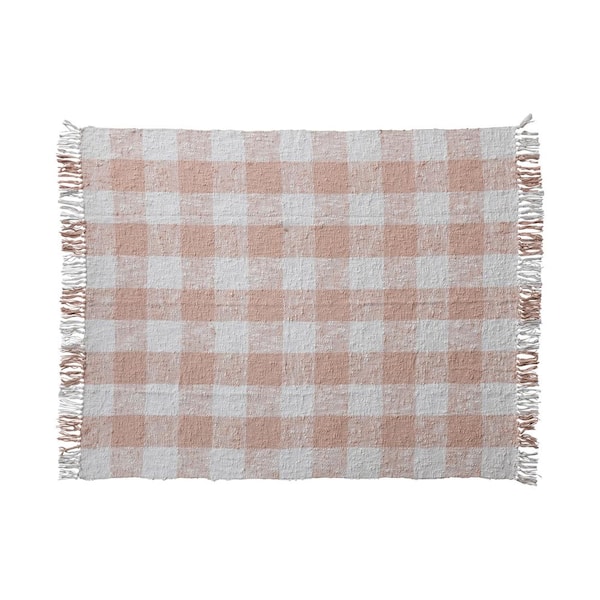 Storied Home Blush and Cream Plaid Hand-Woven Fabric Throw Blanket with Fringe