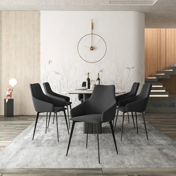 Leisuremod Sonnet Dining Chair with Armrests and Black Powder-Coated Iron Legs Set of 4 in Charcoal