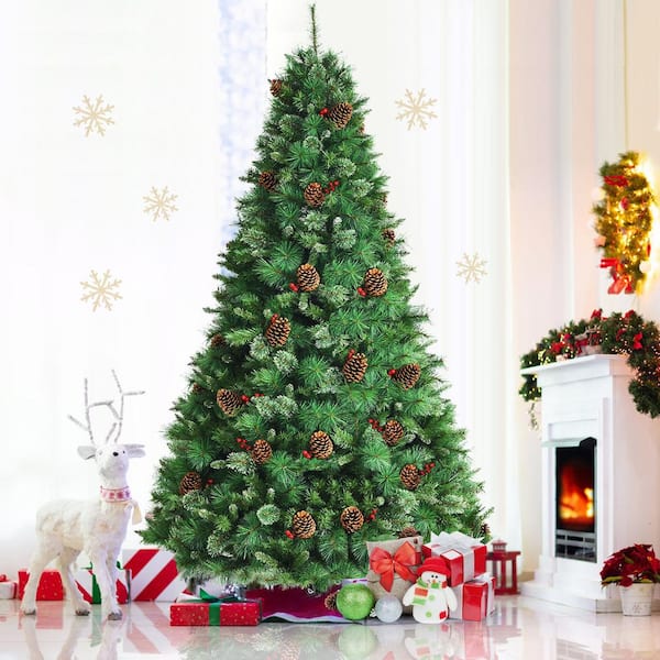 Angeles Home 8 ft. Green Unlit Hinged PVC Artificial Christmas Pine Tree with Red Berries