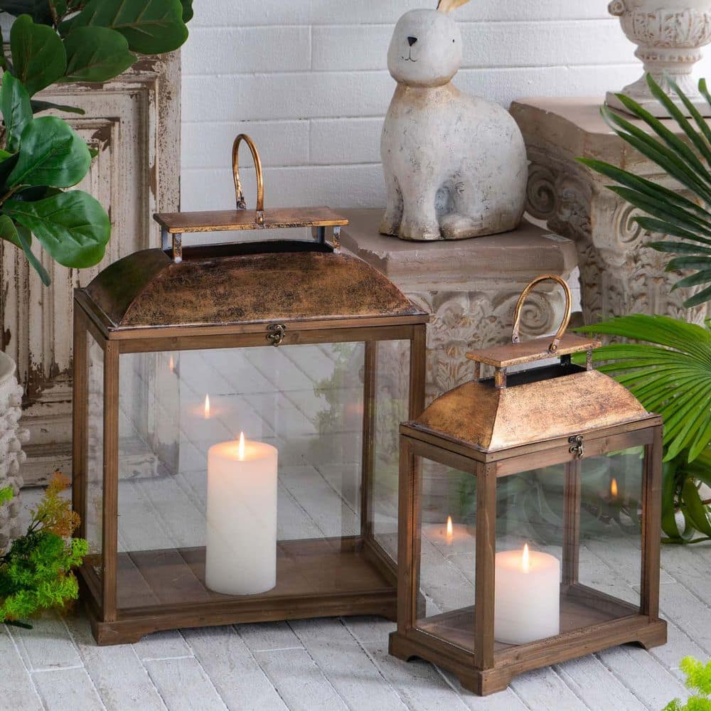 2-Piece 22/17 in. H Garden Decorative Wooden Lanterns Candle