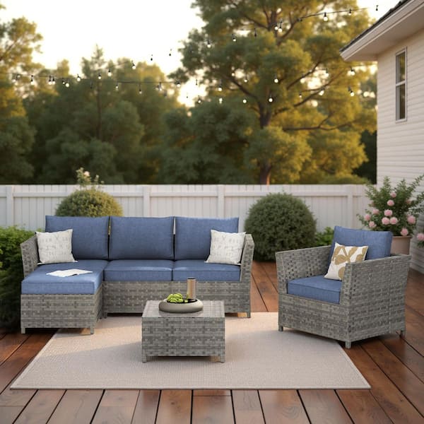 XIZZI Vesta Gray 6-Piece Wicker Outdoor Patio Conversation Sofa Set with Denim Blue Cushions