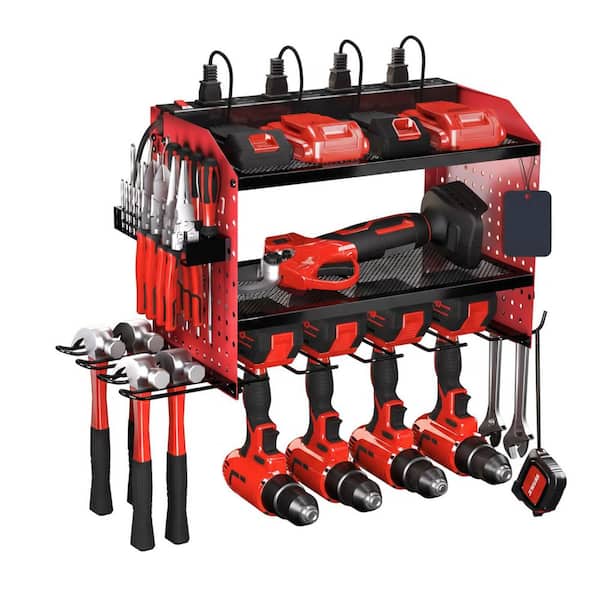 12.60 in. W Metal Black Power Tool Organizer Wall Rack with Charging Station 8 AC Outlets Pegboard Hammer Holders
