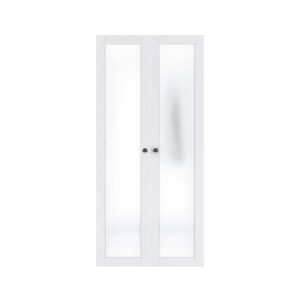 ARK DESIGN 36 in. x 80.5 in. 1 Lite Tempered Frosted Glass Solid Core White Finished Composite Pivot Bi-fold Door with Hardware