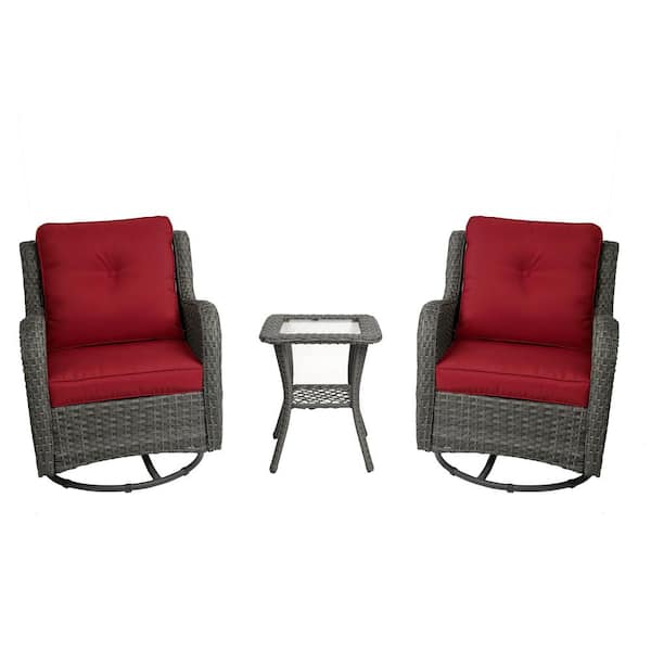 Uixe 2-Piece Patio Swivel Wicker Outdoor Rocking Chairs with Red Cushion and Side Table Sets for Porch Deck (Set of 2)