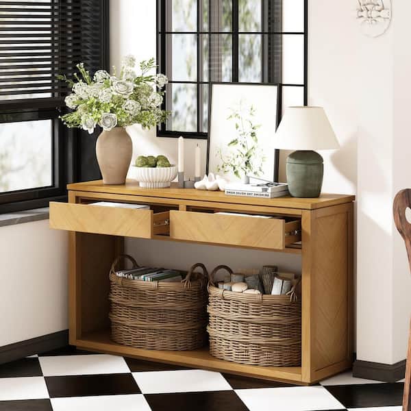Rustic 55 in. Natural Rectangle Wood Console Table with Storage Drawers and Open Shelf