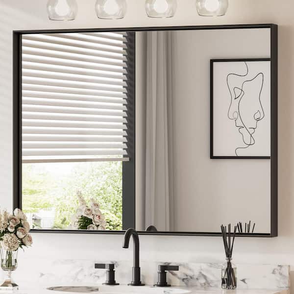 KeonJinn 48 in. W x 36 in. H Rectangular Framed Black Mirrors for Bathroom Wall Square Corner Bathroom Vanity Mirror Over Sink