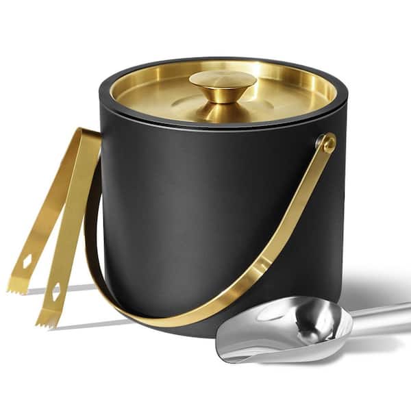 3L Black Stainless Steel Double Wall Insulated Ice Bucket with Silicone Lid, Scoop, Tong and Strainer for Cocktail Bar