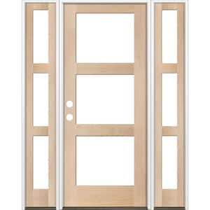 60 in. x 96 in. Modern Hemlock Right-Hand/Inswing 3-Lite Clear Glass Unfinished Wood Prehung Front Door with Sidelites