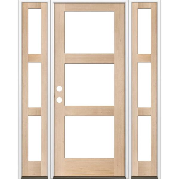 Krosswood Doors 64 in. x 96 in. Modern Hemlock Right-Hand/Inswing 3-Lite Clear Glass Unfinished Wood Prehung Front Door with Sidelites