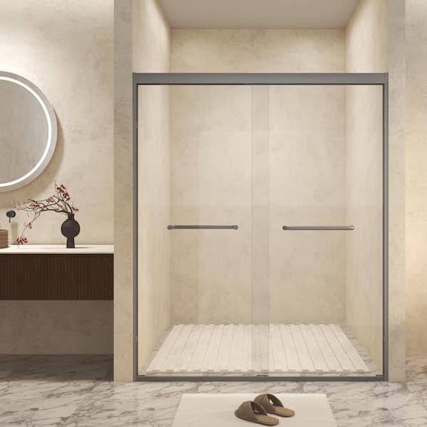 44-48 in. W x 72 in. H Double Sliding Frame Shower Door in Gun Ash with 1/4 in. Clear Tempered Glass