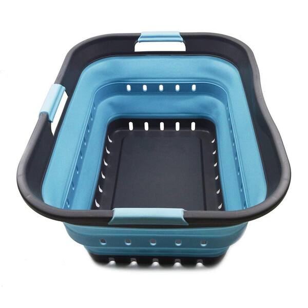 Unbranded Blue Collapsible Plastic Laundry Basket with Cut-out Handles 42l