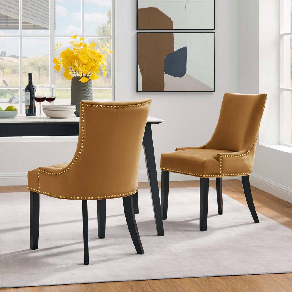 Cognac Hourglass Velvet & Wood Dining Side Chair