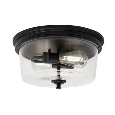 Manor 13 in. Matte Black Round Flush Mount, Industrial Ceiling Light with Clear Glass Shade