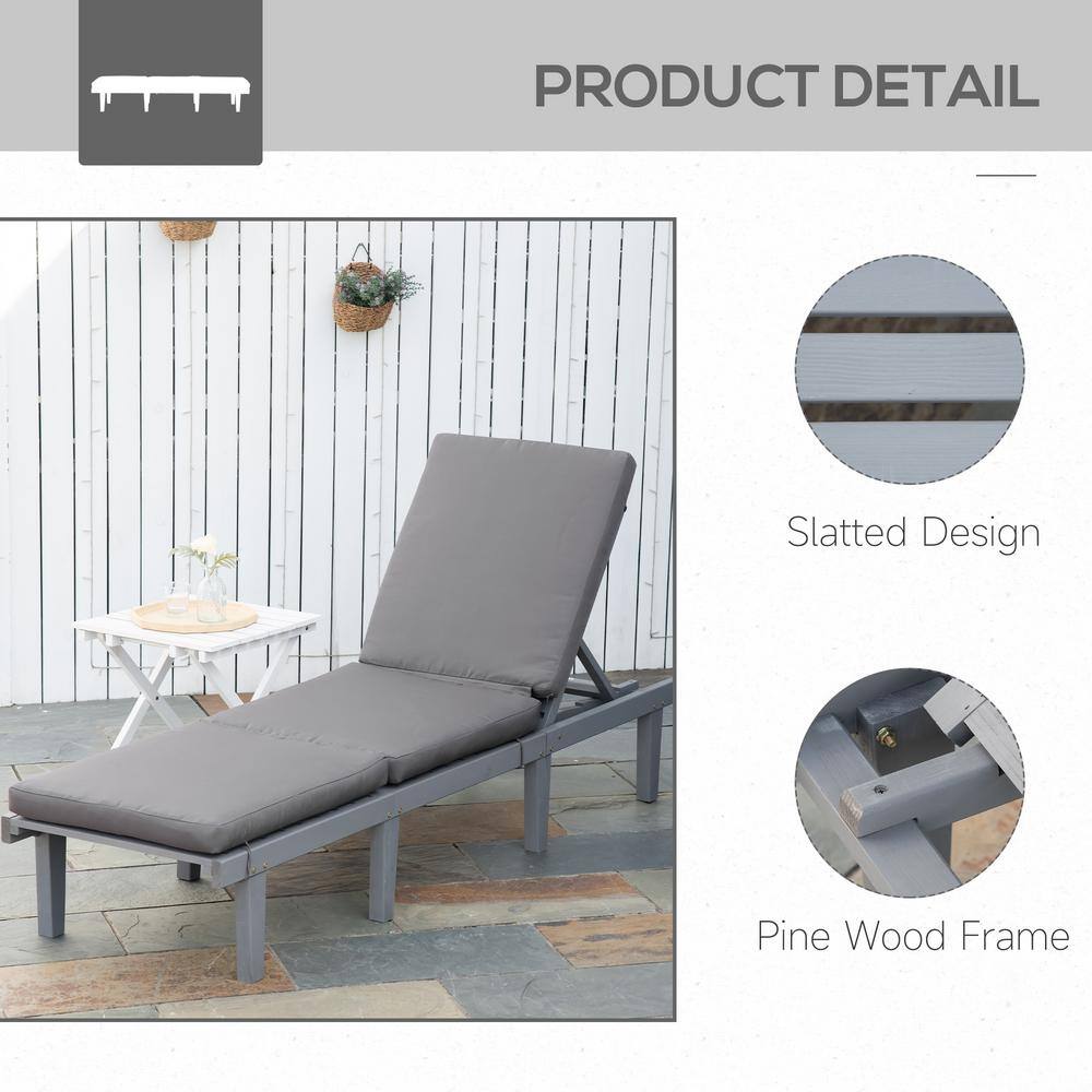 Gray Wood Outdoor Chaise Lounge with Adjustable Backrest and Cushions