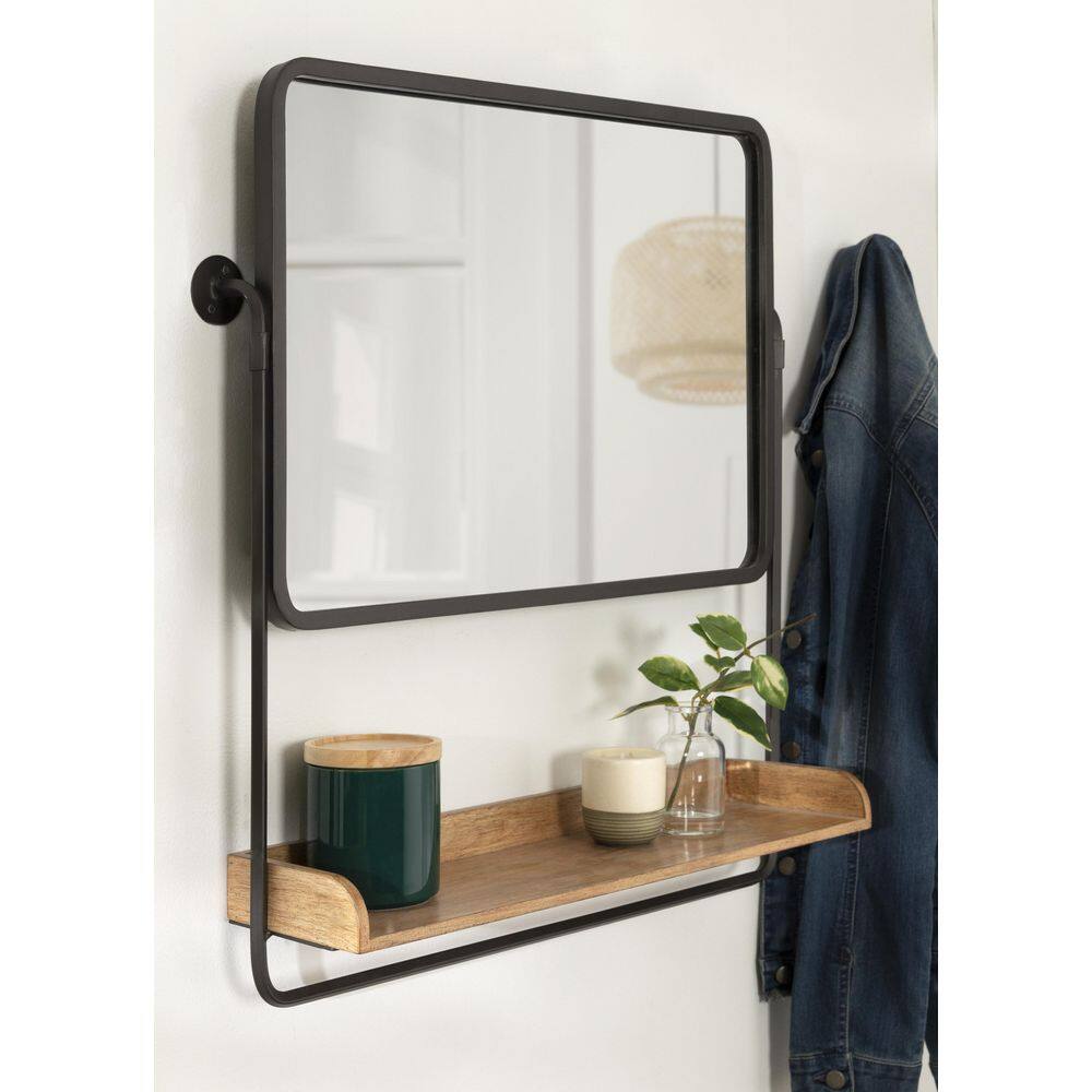 Rustic Brown and Black Rectangular Wall Mirror with Shelf
