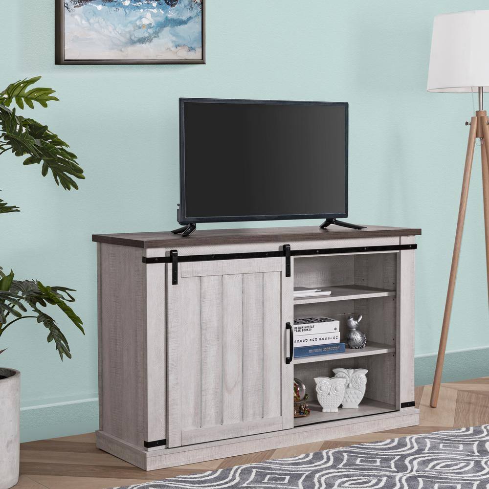 Saw Cut Off White Rustic Sliding Barn-Door TV Stand