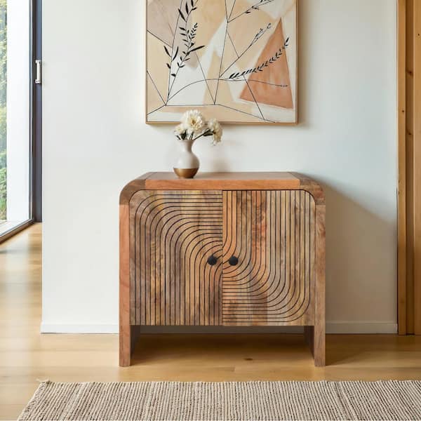 Brown Wood 32 in. Carved Front Waterfall Edge 2 Door Sideboard