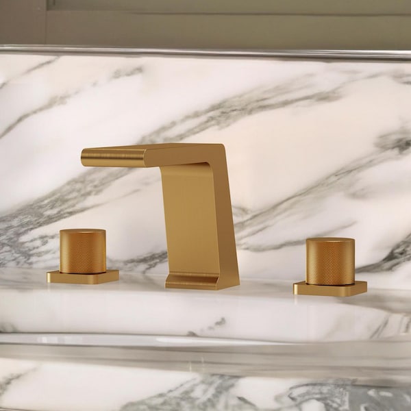 8 in. Widespread Double Handle Waterfall Spout Bathroom Faucet with Anti Scald in Brushed Gold