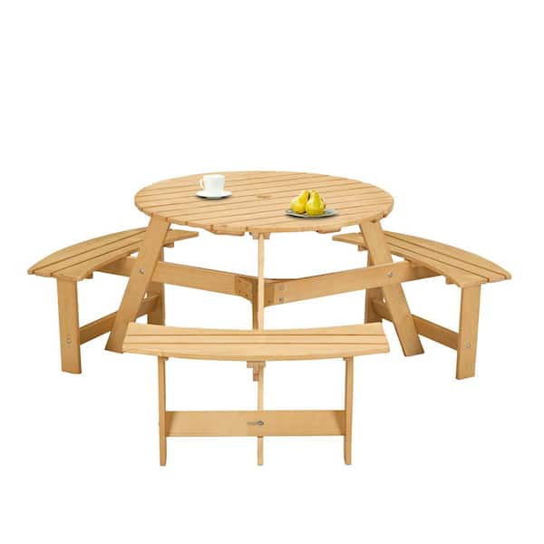Unbranded 63 in. 6-Person Outdoor Natural Round Wooden Picnic Table Camping Dining Table with 3 Built-in Benches and Umbrella Hole