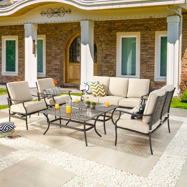 Patio Festival 6-Piece Metal Patio Conversation Set with Beige Cushions