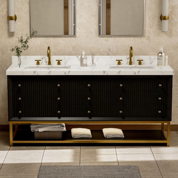 Solidoak 72 in. W x 22 in. D x 35.4 in. H Single Sink Bath Vanity in Black with White Engineered Marble Top