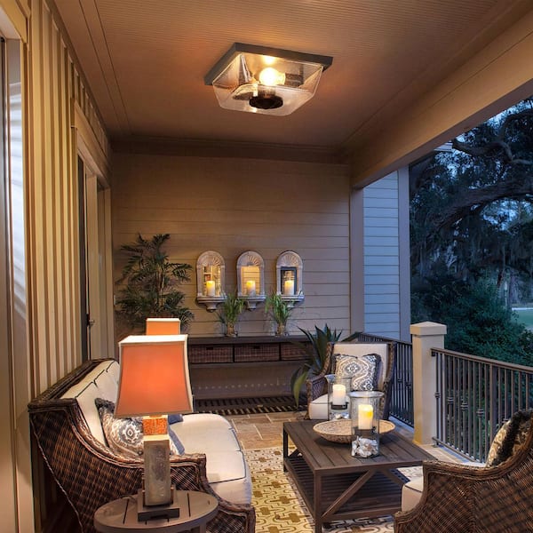 12.2 in. 2-Light Matte Black Motion Sensing Outdoor No Bulb Included Flush Mount Ceiling Light with Clear Seeded Glass