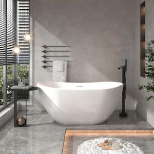 57 in. x 32 in. Soaking Bathtub Solid Surface Stone Bathtub with Center Drain in Matte White