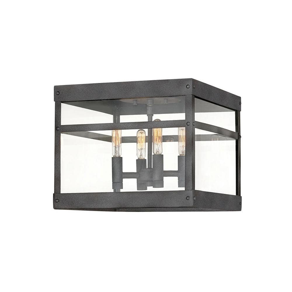 Transitional Aged Zinc 4-Light Outdoor Flush Mount with Clear Glass