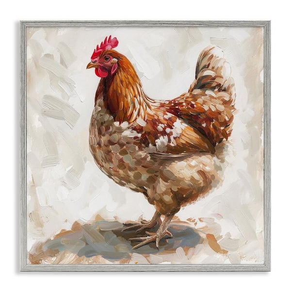 Stupell Industries Neutral Chicken on Beige by LSR Design Studio Gray Framed Animal Giclee Art Print 12 in. x 12 in.