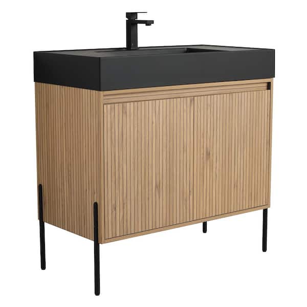 Crownpoint 36 in. Freestanding Single Bright Oak Bathroom Vanity with Black Acrylic Sink Top Unassembled