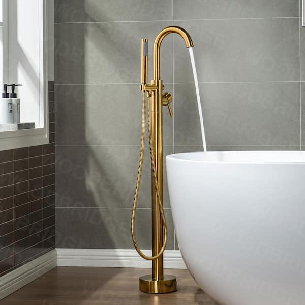 WOODBRIDGE Venice Single-Handle Freestanding Floor Mount Tub Filler Faucet with Hand Shower in Brushed Gold