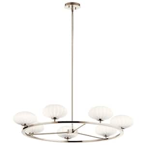 Pim 36 in. 7-Light Polished Nickel Mid-Century Modern Shaded Circle Chandelier for Dining Room