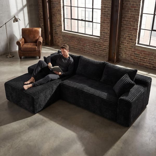 Gia 106.3 in. 2-Piece Compressed Corduroy Modular Sectional Sofa in Black with Left Arm Chaise and Throw Pillows