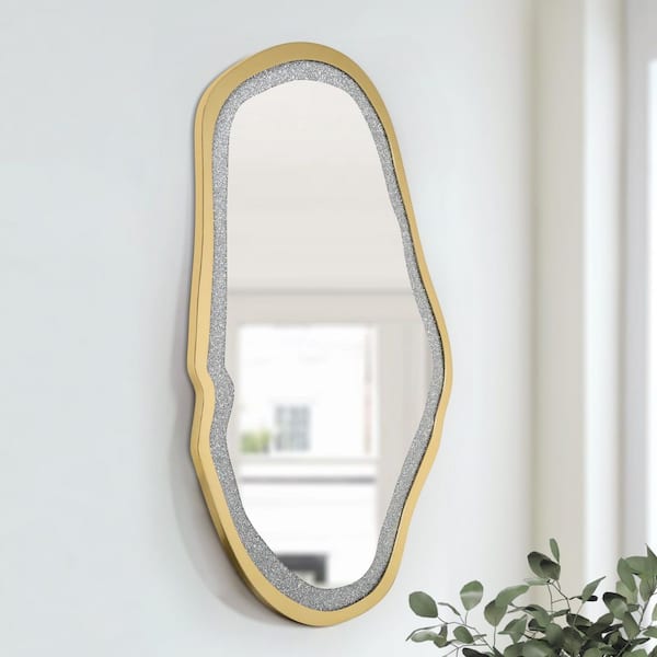 32.5 in. W x 47.2 in. H Gold Luxury Irregular Oval Wall Mirror with Faux Diamond and Wood Frame Decorative for Entryway