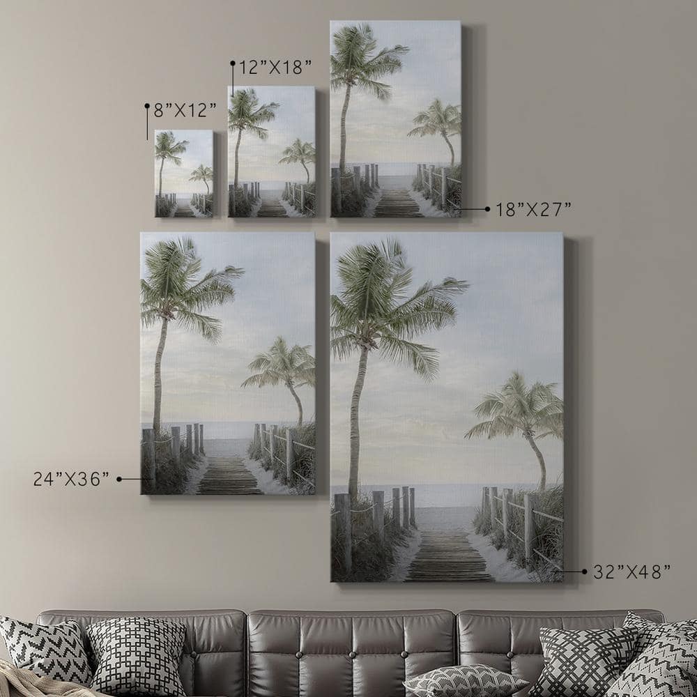 Palm Walk Coastal Landscape Canvas Painting in White Frame