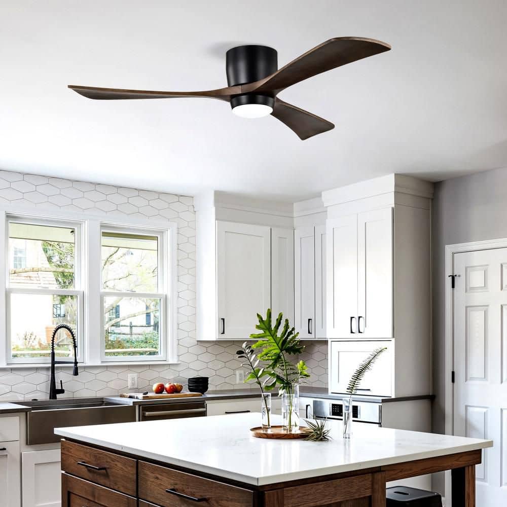 52 in Black Flush Mount 3 Solid Wood Blade Ceiling Fan w/Light, Remote, 6 Speed, Quiet DC Motor, Reversible, for Bedroom price history on PriceWatchPro