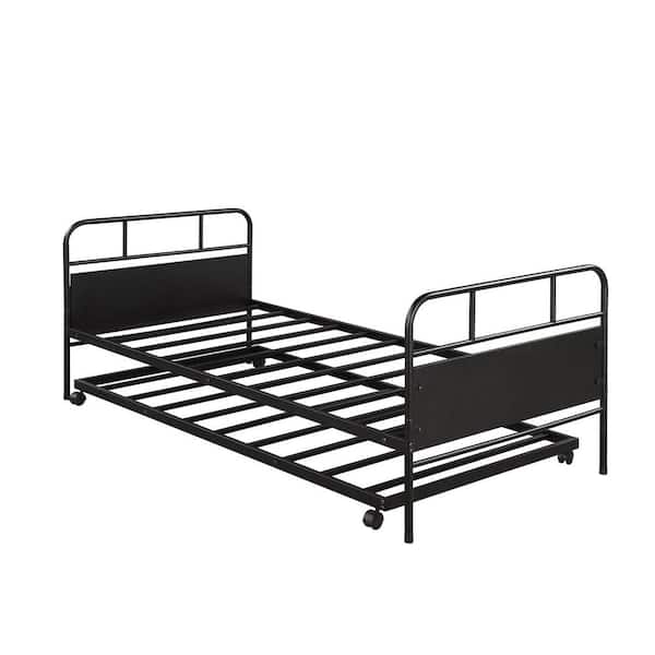 Metal Twin Size Daybed Platform Bed Frame with Trundle Built-in Casters