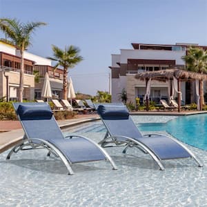 2-Piece Blue Aluminum Outdoor Patio Chaise Lounge Pool Sunbathing Chair with Adjustable Backrest and Removable Pillow