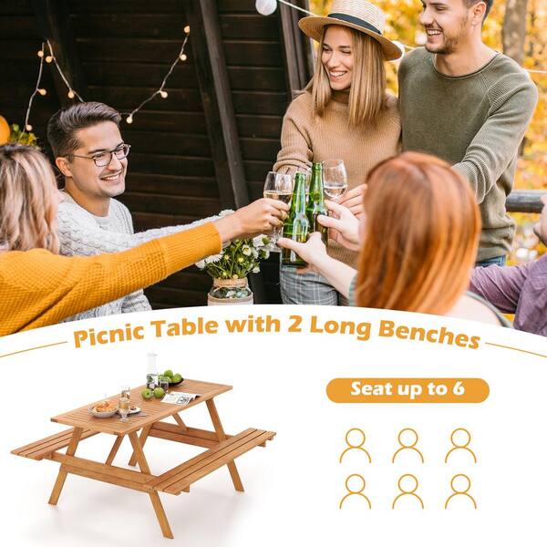 59 in. Natural Rectangle Wood Picnic Table Seats 6 People with 2 in. Umbrella Hole