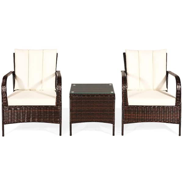 Costway 3-Piece Wicker Patio Conversation Set with White Cushions Plus Curved Armrest