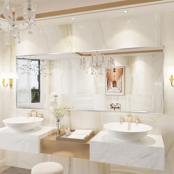 84 in. W x 32 in. H Aluminum Framed Rectangular Vanity Wall Mounted Mirror in Brushed Nichel