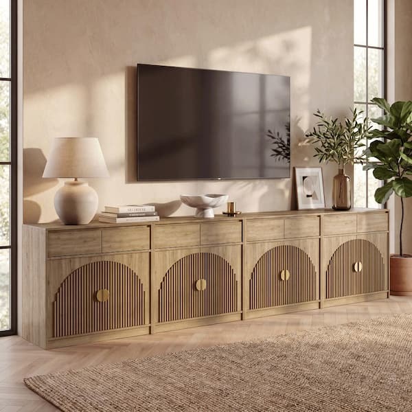 TECHMILLY 4-Piece Modern Natural 2-Door Storage Sideboard Buffet Cabinet with Adjustable Shelves, Gold Handles and Modular Design TM-SB-009BE-OR4