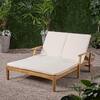 Noble House Perla Teak Brown 1-Piece Wood Outdoor Patio Double Chaise Lounge with Cream Cushions 55100