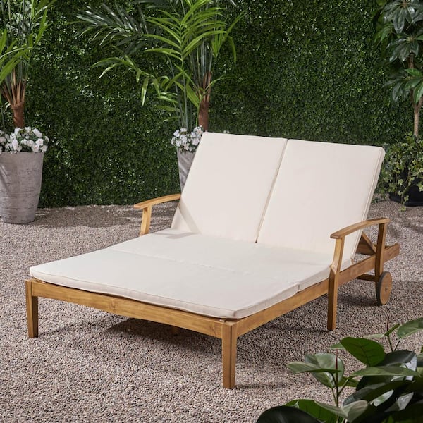 Noble House Perla Teak Brown 1-Piece Wood Outdoor Double Chaise Lounge with Cream Cushions